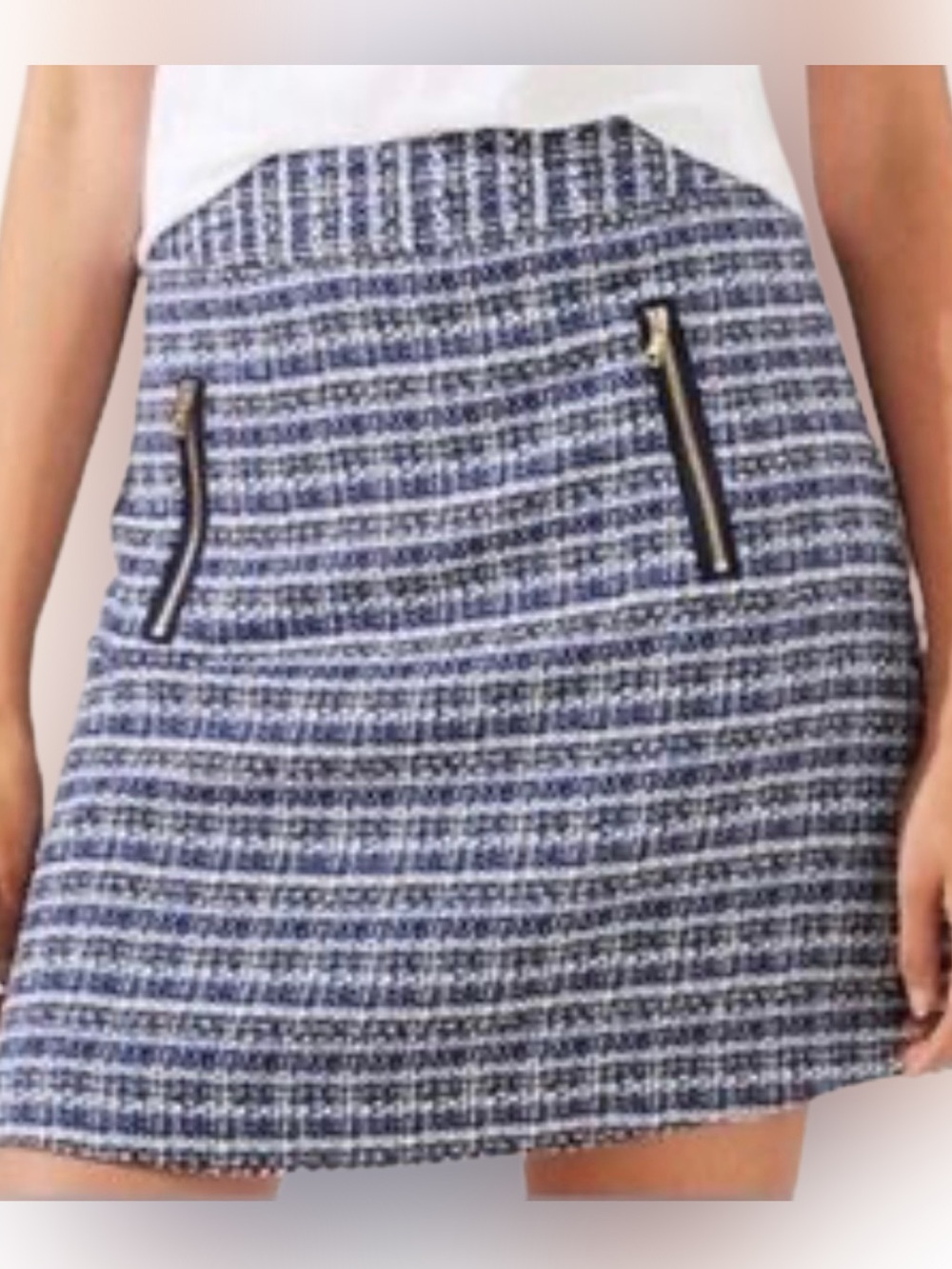LOFT Navy Tweed A-Line Mini Skirt with Front Zip Pockets - Size 4